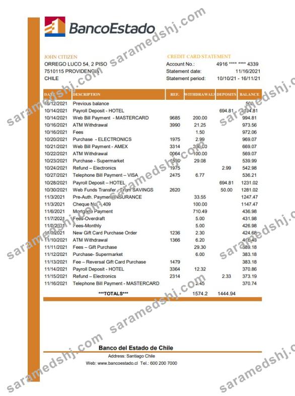Chile Banco del Estado de Chile bank statement easy to fill template in .xls and .pdf file format